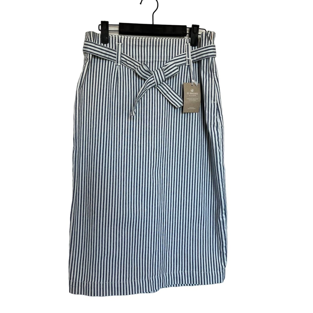 J. Crew Blue and White Striped Midi Skirt with Tie Waist